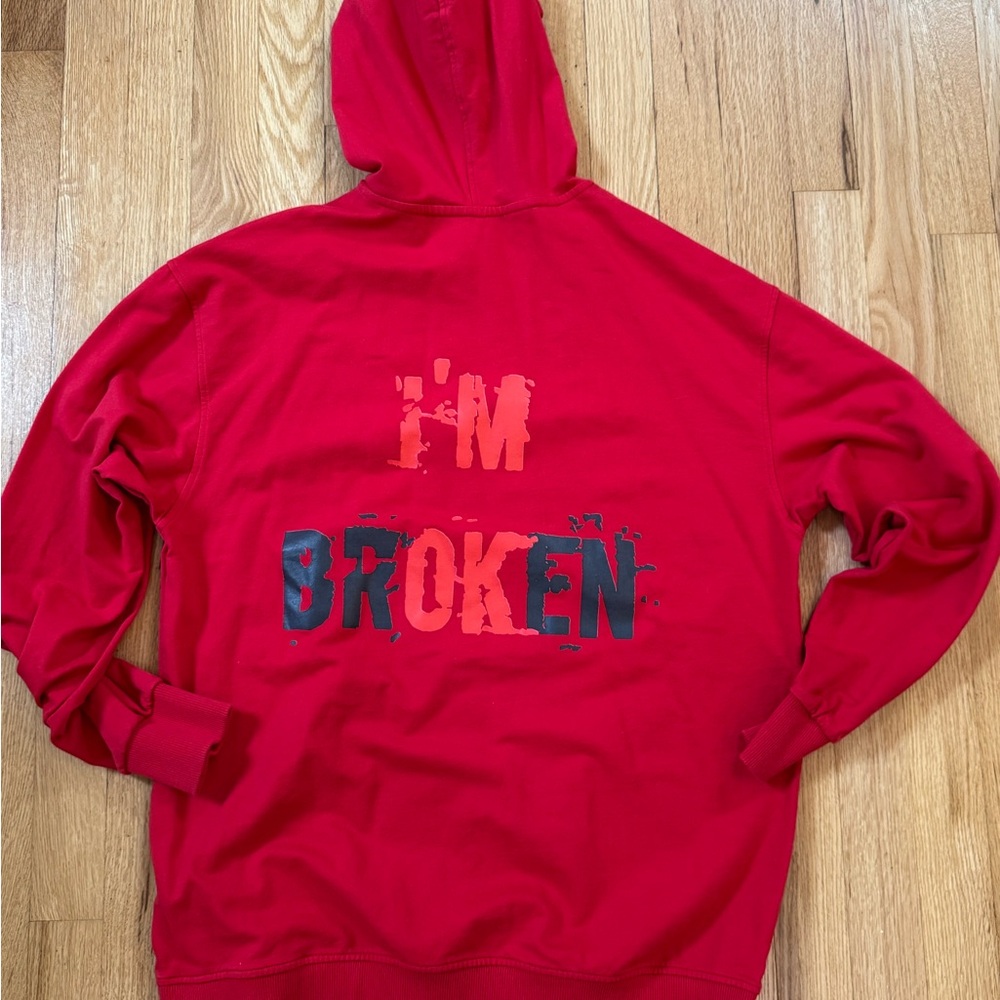Red Hoodie with Graphic Print - I’m Broken
